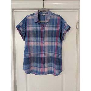 BeachLunchLounge Plaid Button Up Shirt women's Large blue pink linen blend